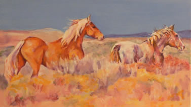 Golden Palomina and Appy Mustang Stallions - painting by Karen Brenner